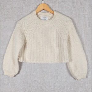Zara Girls Cream Ribbed Cropped Knit Sweater Alpaca Cotton Wool Blend Size 11-12